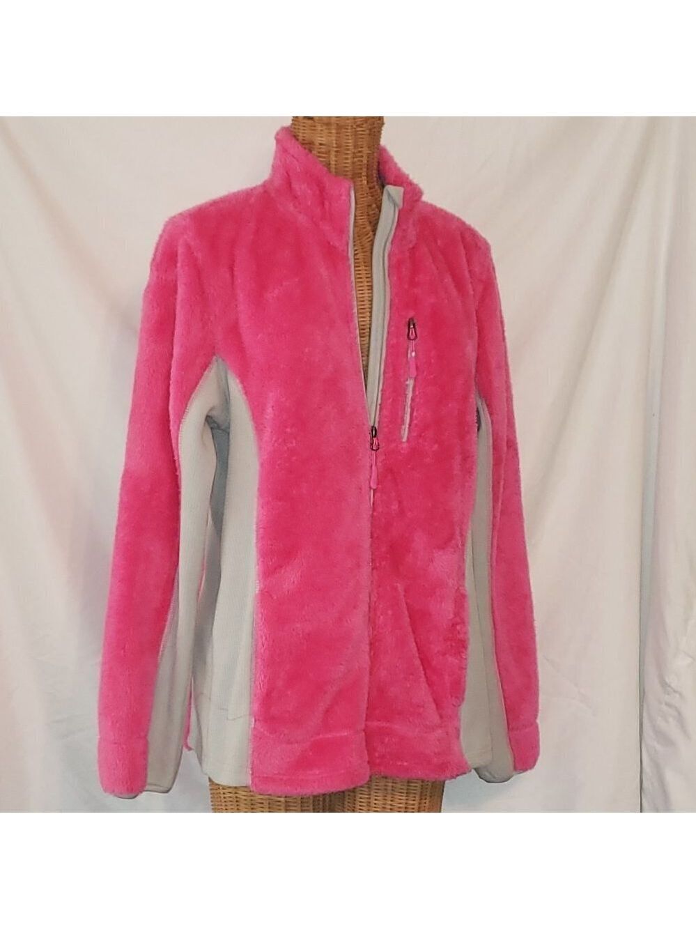 Ladies FADED GLORY Sherpa Zip Up Jacket in Pink/Gray Combo - L